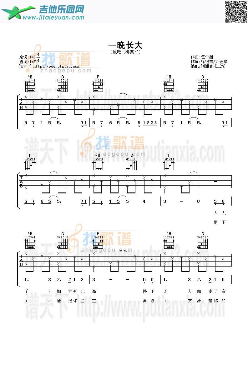 吉他谱：一晚长大第1页