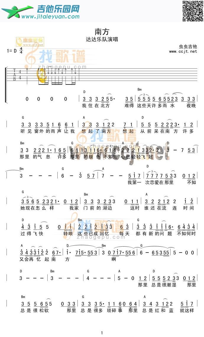 南方(简谱+和弦)_达达乐队　_第1张吉他谱