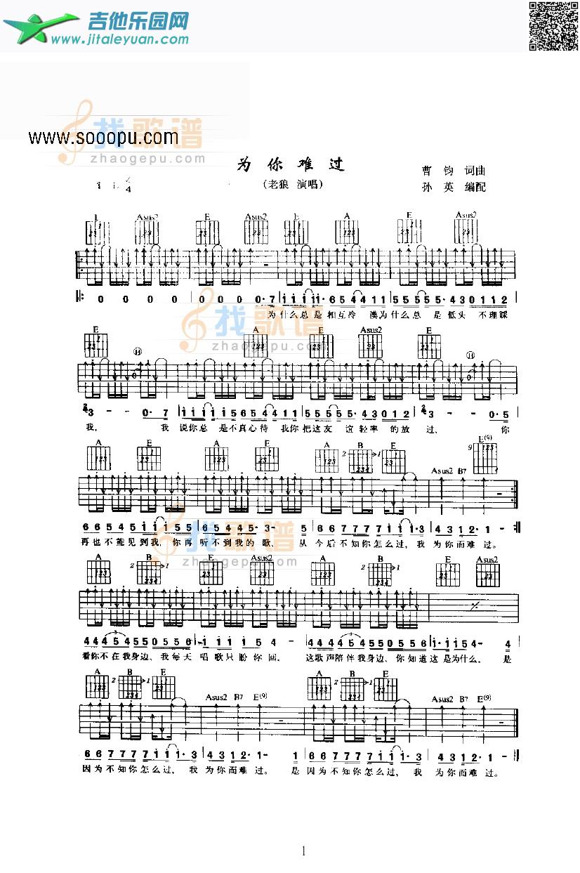 为你难过吉他类流行_老狼　_第1张吉他谱