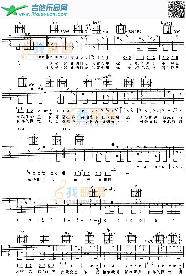 吉他谱：下雨的时候会想你-阿杜第2页