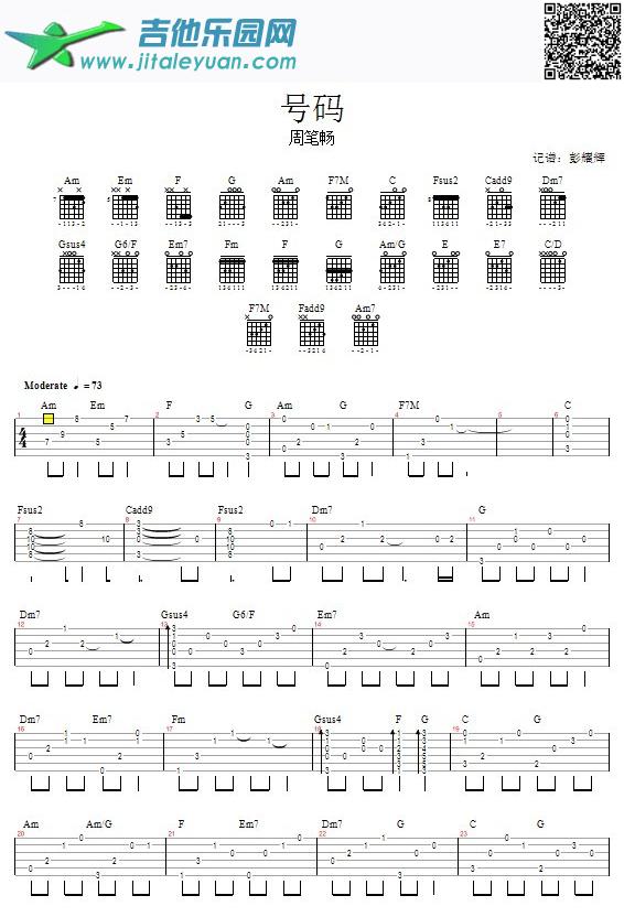 吉他谱：号码—周笔畅第1页