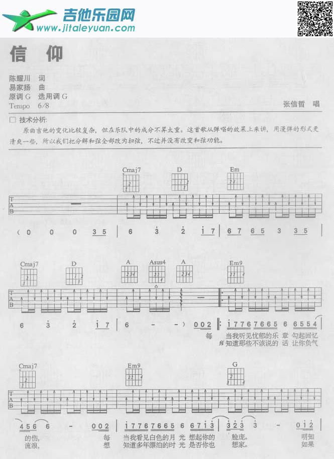 吉他谱：张信哲《信仰》经典版第1页