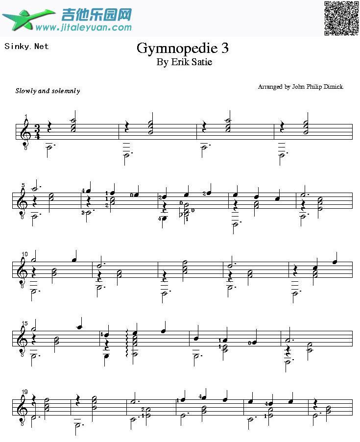 吉他谱：Gymnopedie3(最终幻想8插曲)（五线谱）第1页