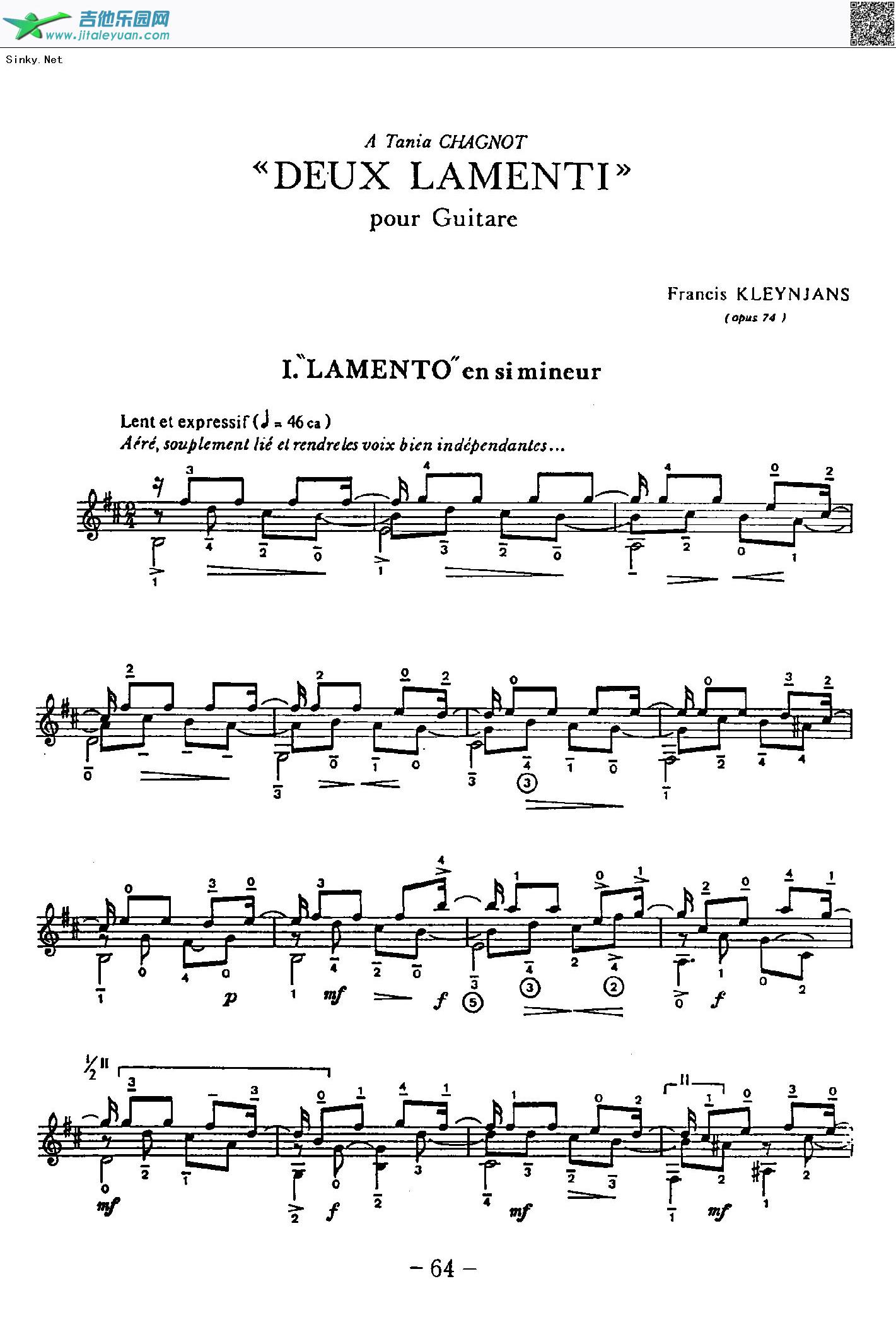 DeuxLamentiNr.1_古典音乐　_第1张吉他谱