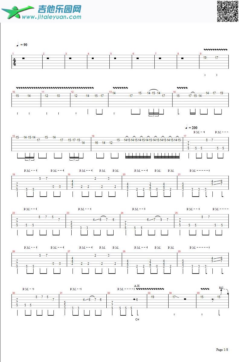 吉他谱：卡农摇滚版Jerryc第1页
