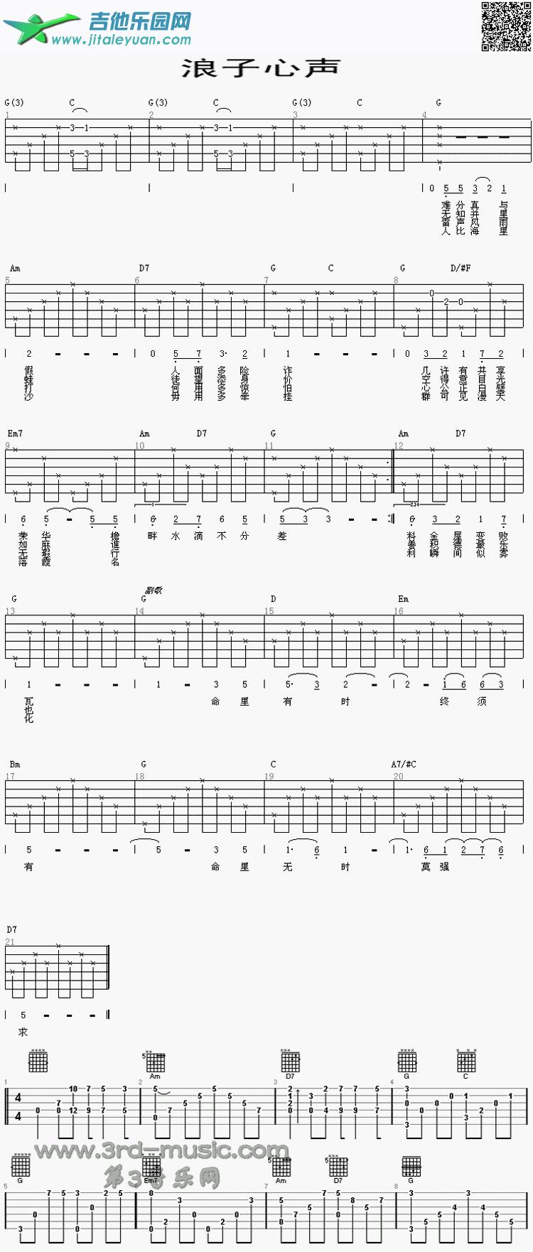 吉他谱：浪子心声(粤语)第1页