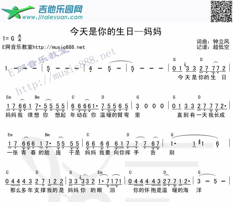 吉他谱：今天是你的生日,妈妈第1页