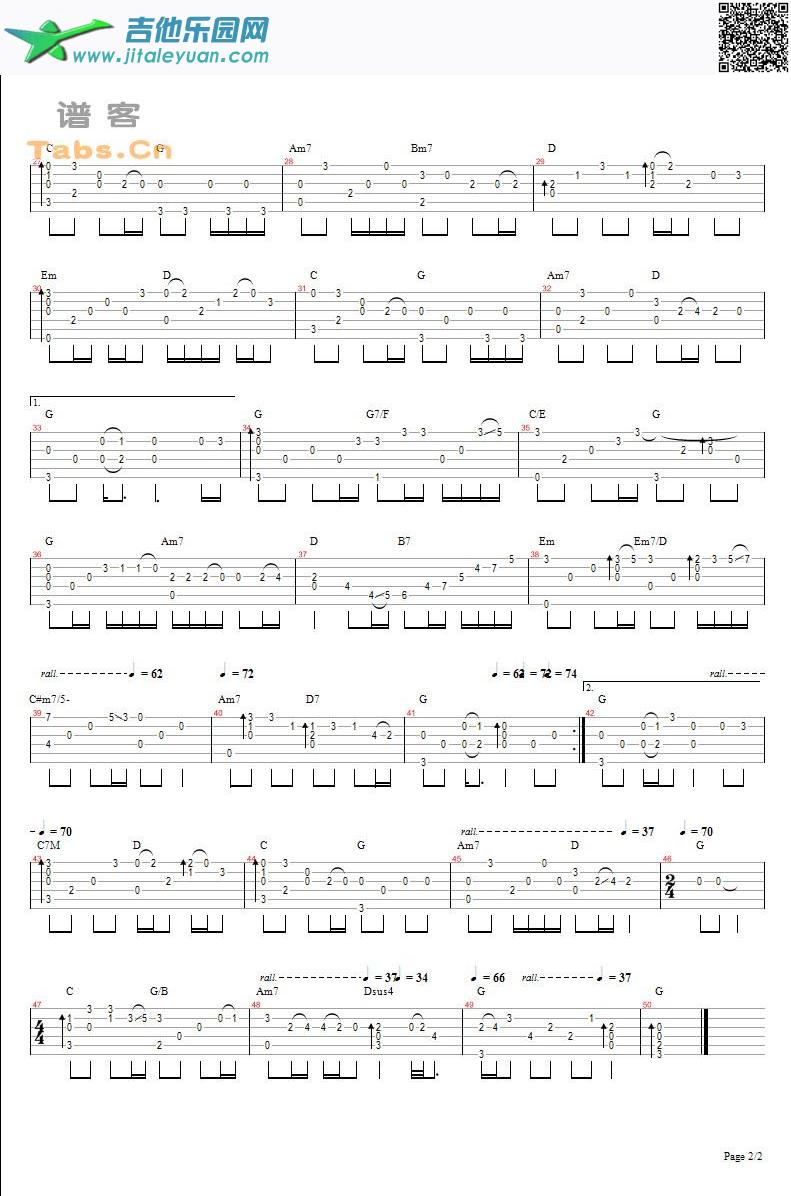 吉他谱：隐形的翅膀民谣独奏版第2页