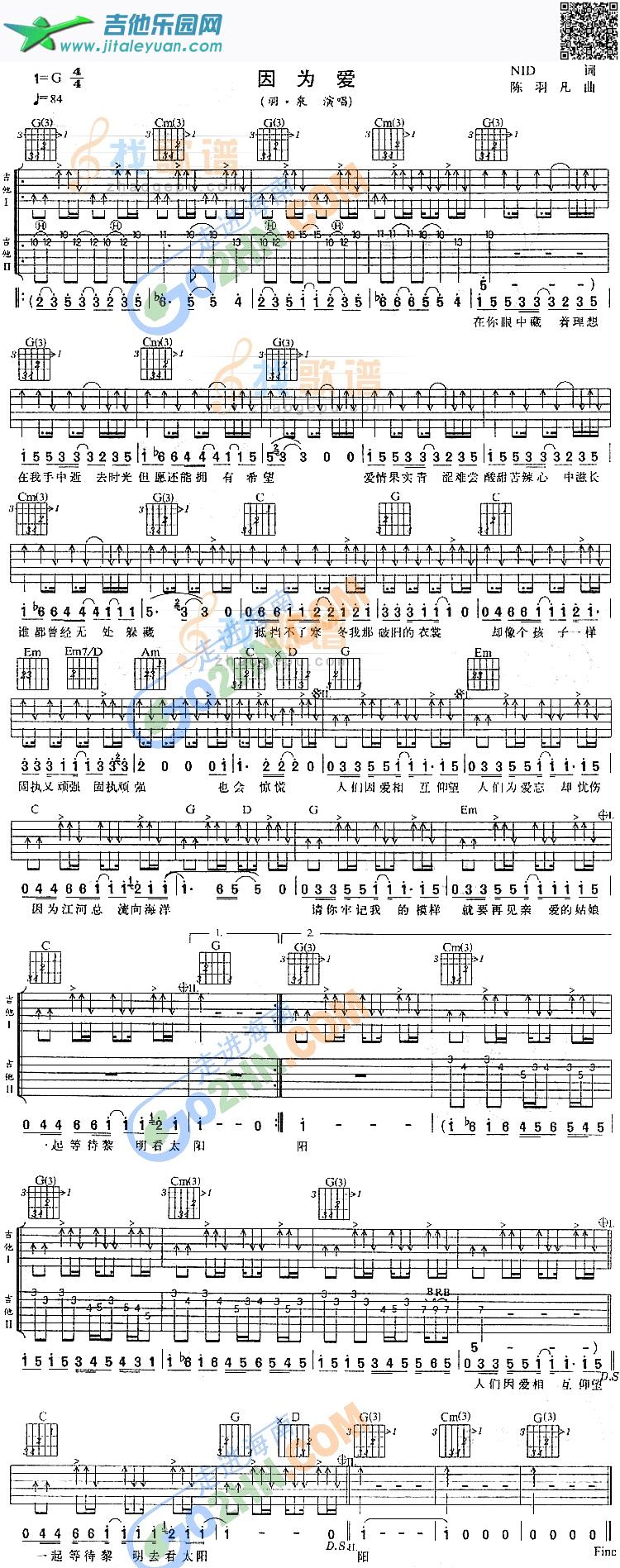 吉他谱：因为爱第1页