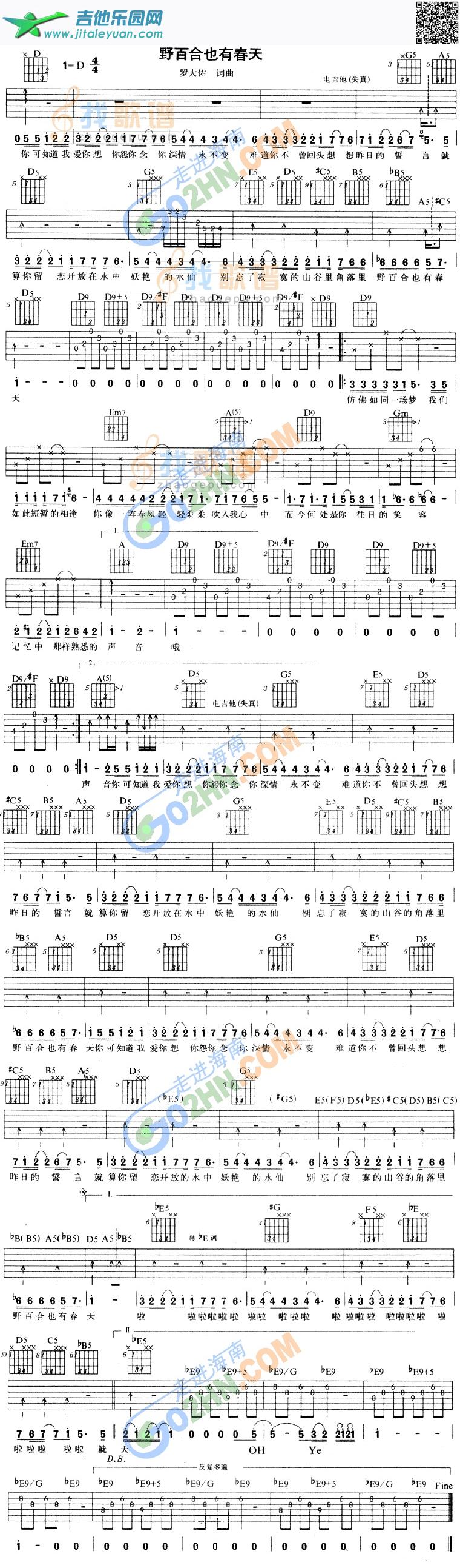 吉他谱：野百合也有春天第1页