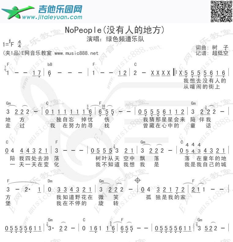 吉他谱：Nopeople没有人的地方（简谱+吉他和弦）第1页