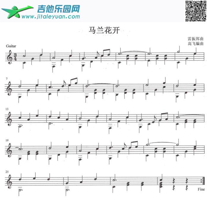 马兰花开吉他独奏谱（五线谱）_高飞编曲　_第1张吉他谱